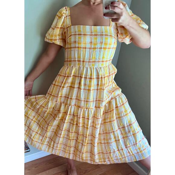 Astr The Label Anthropologie IIana Puff Sleeve Prarie Yellow Plaid Dress - Picture 7 of 17